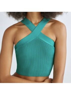 Aritzia Babaton Teal Sculpt Knit Criss Cross Halter Top Sz L